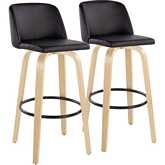 Toriano 30" Swivel Bar Stool in Natural Wood & Black Leatherette with Black Footrest (Set of 2)